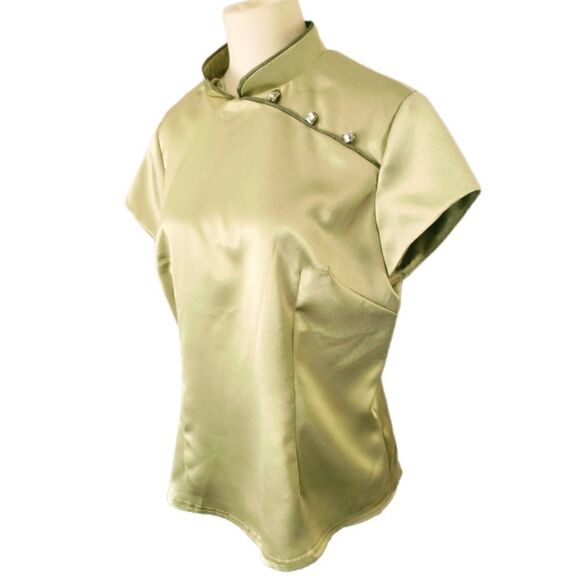 Asian Satin Blouse XL Top Office Siren Geisha Mandarin Collar Chartreuse Vintage - Picture 3 of 16